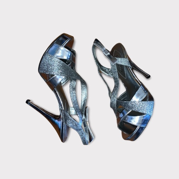 Guess platform stilettos heels size 6 open toe silver sparkly bow tie almond toe - Picture 4 of 15